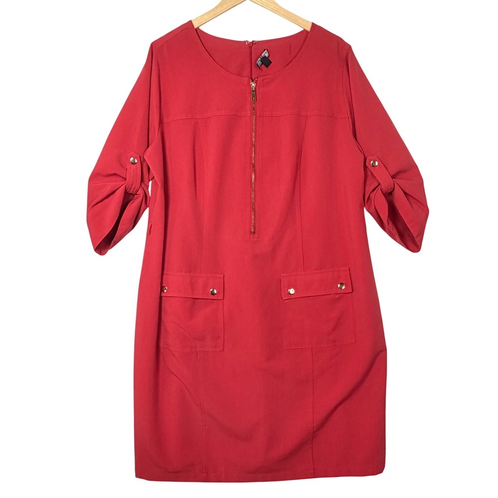 Sharagano Womens Size 18W Coral Red Dress‎ Zip Pockets Work Career Chic